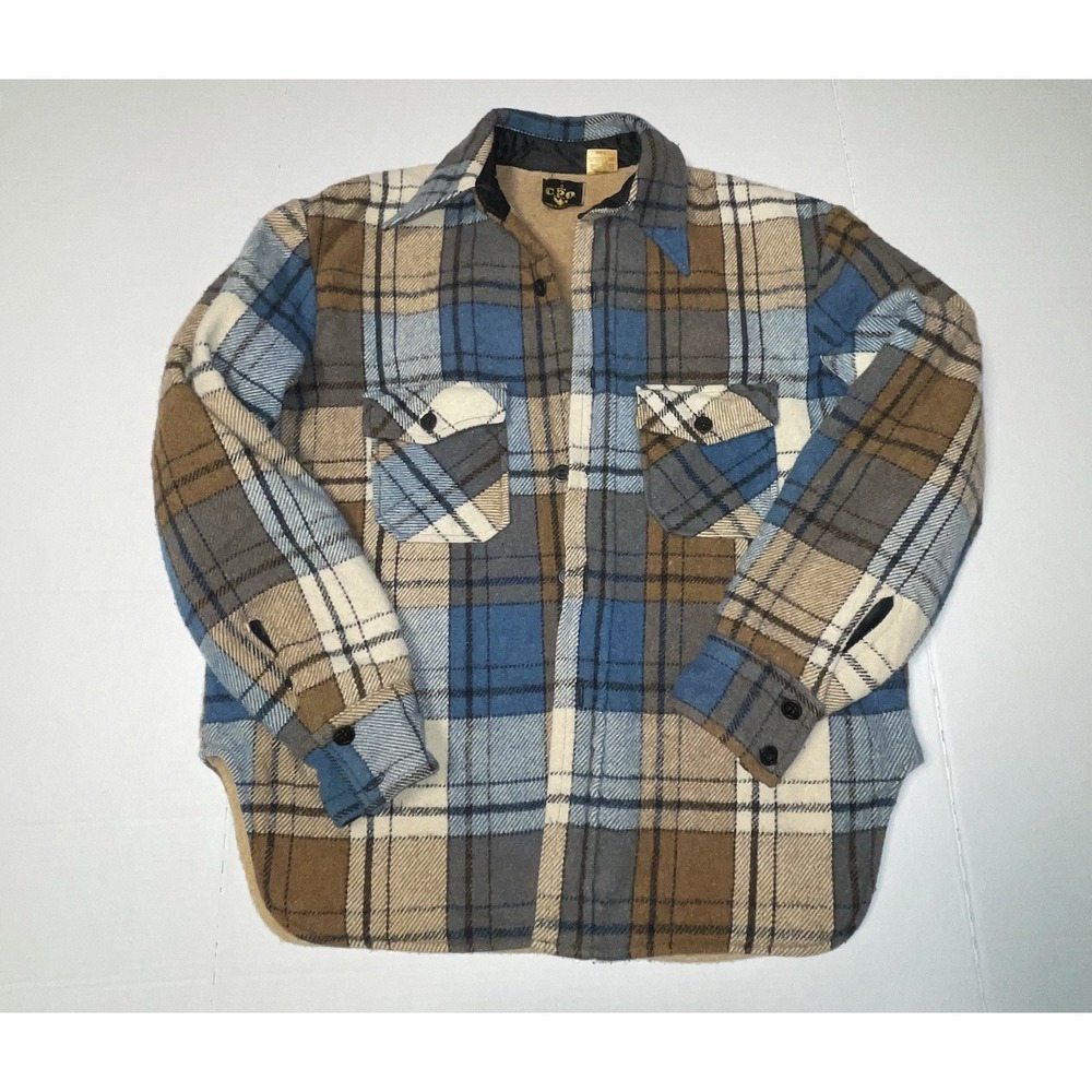 Rare VTG C.P.O.  Checkered Plaid Flannel Lined Jacket Blue Brown 80s 90s SZ M